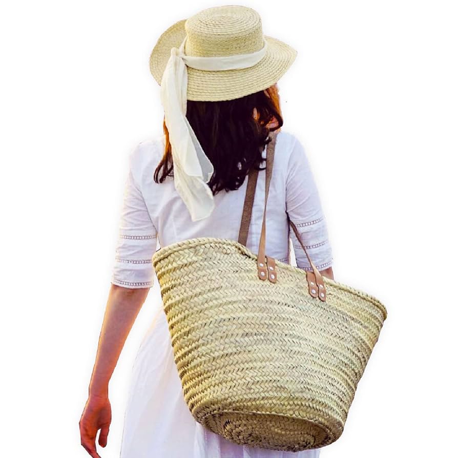 バッグ French Baskets Amazon.com: French basket with leather strap, Straw backpack